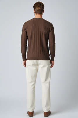 Bisiklet Yaka Çizgi Detaylı Triko Kazak Kahve - Erkek Kazak