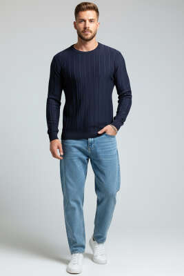 Bisiklet Yaka Çizgi Detaylı Triko Kazak Lacivert - Erkek Kazak