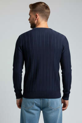 Bisiklet Yaka Çizgi Detaylı Triko Kazak Lacivert - Erkek Kazak