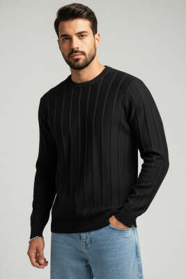 Bisiklet Yaka Çizgi Detaylı Triko Kazak Siyah 