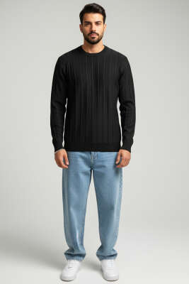 Bisiklet Yaka Çizgi Detaylı Triko Kazak Siyah - Erkek Kazak