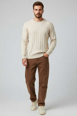 Bisiklet Yaka Çizgi Detaylı Triko Kazak Taş - Erkek Kazak