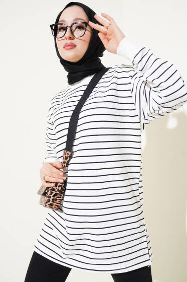 Bisiklet Yaka Çizgili Tunik Beyaz - Tunik