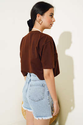 Bisiklet Yaka Crop Tshirt Kahve - Kadın Giyim Modelleri