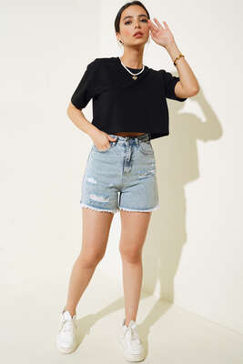 Bisiklet Yaka Crop Tshirt Siyah - Kadın Giyim Modelleri