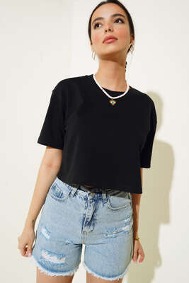 Bisiklet Yaka Crop Tshirt Siyah 