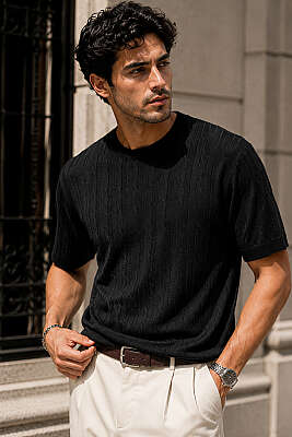 Bisiklet Yaka Desenli Merserize Erkek T-shirt Siyah - WİPEOUT