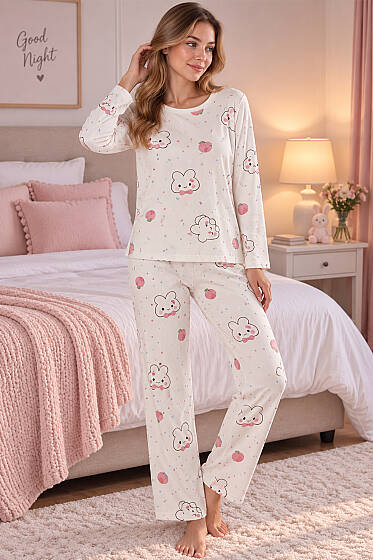 Bisiklet Yaka Desenli Pijama Takımı Asorti 1 - Pijama