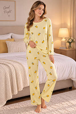 Bisiklet Yaka Desenli Pijama Takımı Asorti 10 