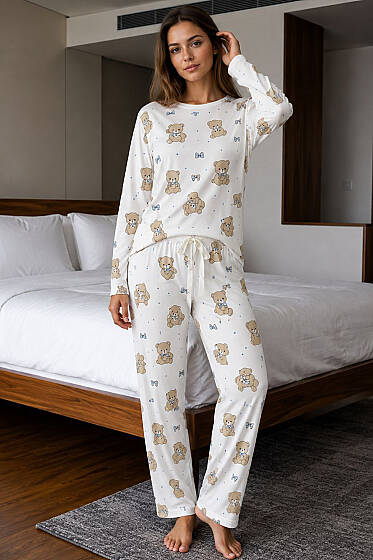 Bisiklet Yaka Desenli Pijama Takımı Asorti 11 - Pijama
