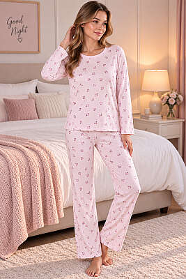 Bisiklet Yaka Desenli Pijama Takımı Asorti 12 