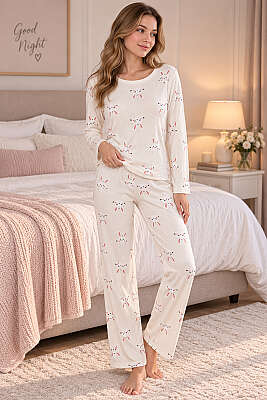 Bisiklet Yaka Desenli Pijama Takımı Asorti 3 
