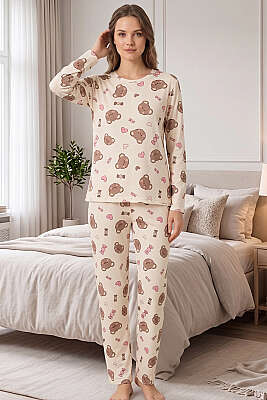 Bisiklet Yaka Desenli Pijama Takımı Asorti 4 
