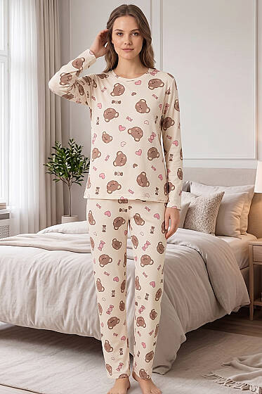 Bisiklet Yaka Desenli Pijama Takımı Asorti 4 - Pijama