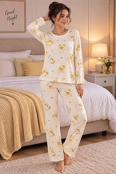 Bisiklet Yaka Desenli Pijama Takımı Asorti 6 - Pijama