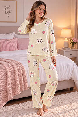 Bisiklet Yaka Desenli Pijama Takımı Asorti 7 