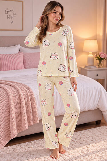 Bisiklet Yaka Desenli Pijama Takımı Asorti 7 - Pijama
