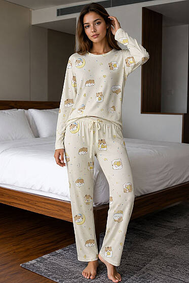 Bisiklet Yaka Desenli Pijama Takımı Asorti 9 - Pijama