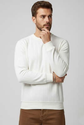 Bisiklet Yaka Dikişli Erkek Sweatshirt Ekru 
