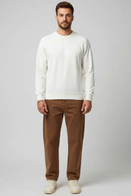 Bisiklet Yaka Dikişli Erkek Sweatshirt Ekru - Erkek Sweatshirt