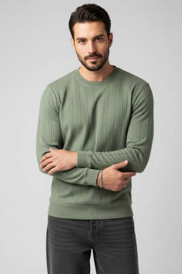 Bisiklet Yaka Dikişli Erkek Sweatshirt Haki 