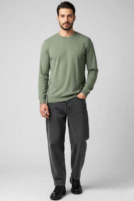 Bisiklet Yaka Dikişli Erkek Sweatshirt Haki - Erkek Sweatshirt