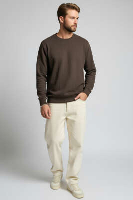 Bisiklet Yaka Dikişli Erkek Sweatshirt Kahve - Erkek Sweatshirt