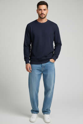 Bisiklet Yaka Dikişli Erkek Sweatshirt Lacivert - Erkek Sweatshirt