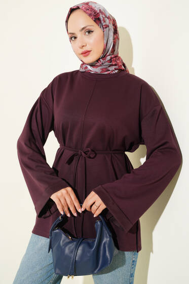 Bisiklet Yaka Duble Kol İp Bağcıklı Tunik Mürdüm - Tunik