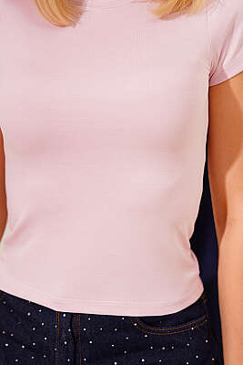 Bisiklet Yaka Düz T-shirt Pembe - Kadın Giyim Modelleri