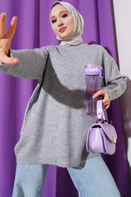 Bisiklet Yaka Düz Triko Tunik Gri 