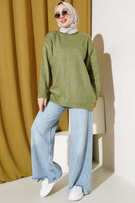 Bisiklet Yaka Düz Triko Tunik Haki - Triko Tunik