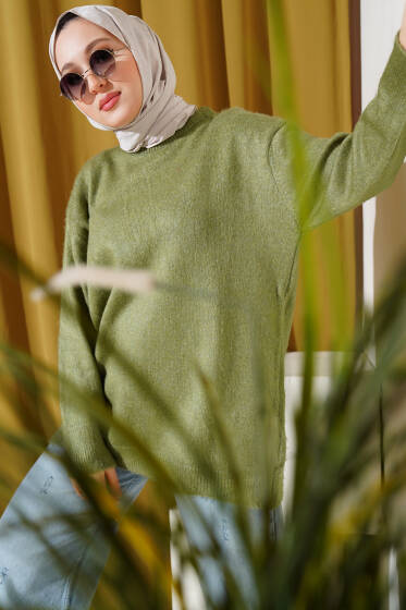 Bisiklet Yaka Düz Triko Tunik Haki - Tunik
