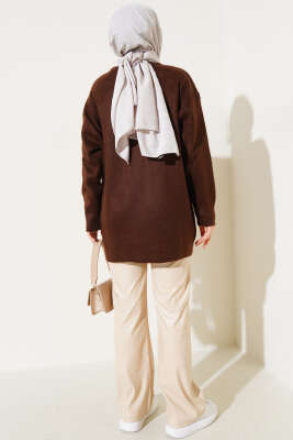 Bisiklet Yaka Düz Triko Tunik Kahve - Triko Tunik