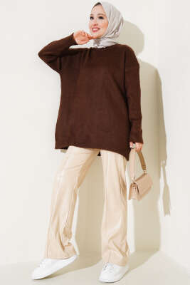 Bisiklet Yaka Düz Triko Tunik Kahve - Triko Tunik