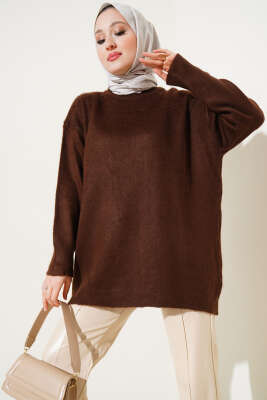 Bisiklet Yaka Düz Triko Tunik Kahve 