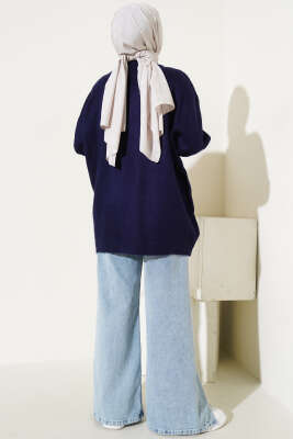 Bisiklet Yaka Düz Triko Tunik Lacivert - Triko Tunik