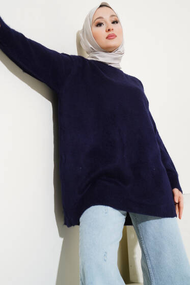 Bisiklet Yaka Düz Triko Tunik Lacivert - Tunik