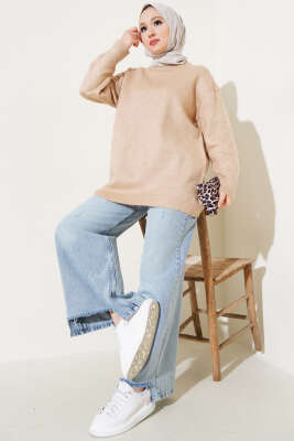 Bisiklet Yaka Düz Triko Tunik Latte - Triko Tunik