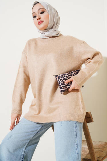 Bisiklet Yaka Düz Triko Tunik Latte - Tunik