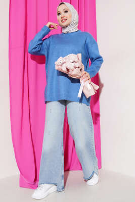 Bisiklet Yaka Düz Triko Tunik Mavi - Triko Tunik