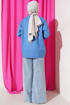 Bisiklet Yaka Düz Triko Tunik Mavi - Triko Tunik