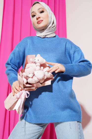 Bisiklet Yaka Düz Triko Tunik Mavi - Tunik