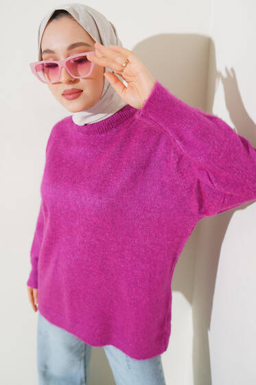 Bisiklet Yaka Düz Triko Tunik Mürdüm - Tunik