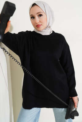 Bisiklet Yaka Düz Triko Tunik Siyah 