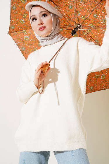 Bisiklet Yaka Düz Triko Tunik Vanilya - Tunik