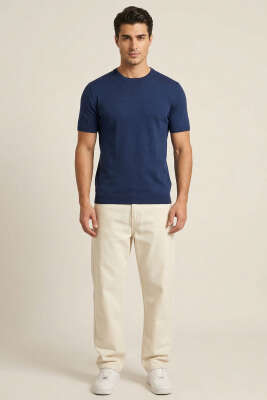 Bisiklet Yaka Erkek Triko T-shirt Lacivert - Erkek T-shirt