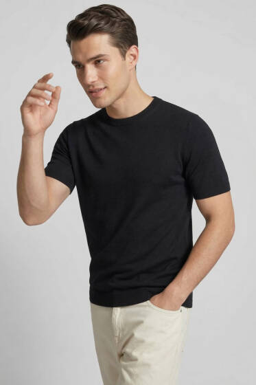 Bisiklet Yaka Erkek Triko T-shirt Siyah - Erkek Triko Tişört