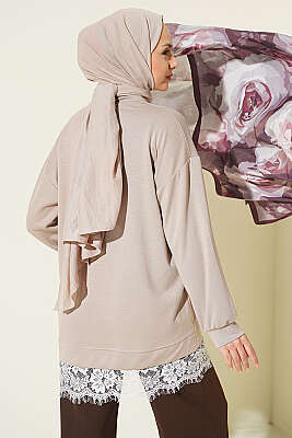 Bisiklet Yaka Etek Ucu Dantelli Tunik Bej - Tunik