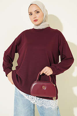 Bisiklet Yaka Etek Ucu Dantelli Tunik Bordo - NEVA MODA